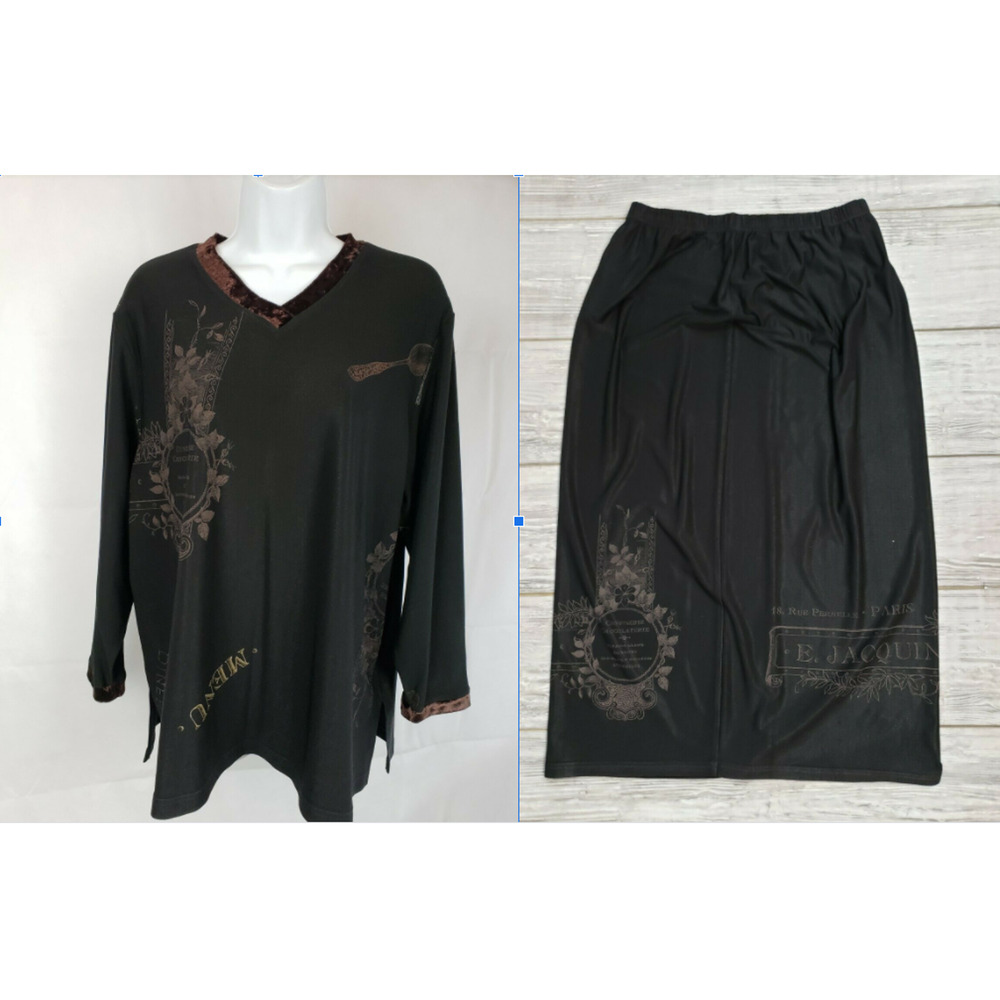 EUC Staley Gretzinger Brown Black Chocolaterie Paris Top & Skirt 2 Pc Set Sz M/L